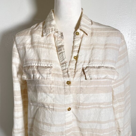 Ellen Tracy Popover Shirt Women's Small White Tan Striped 100% Linen Long Sleeve - Picture 4 of 16